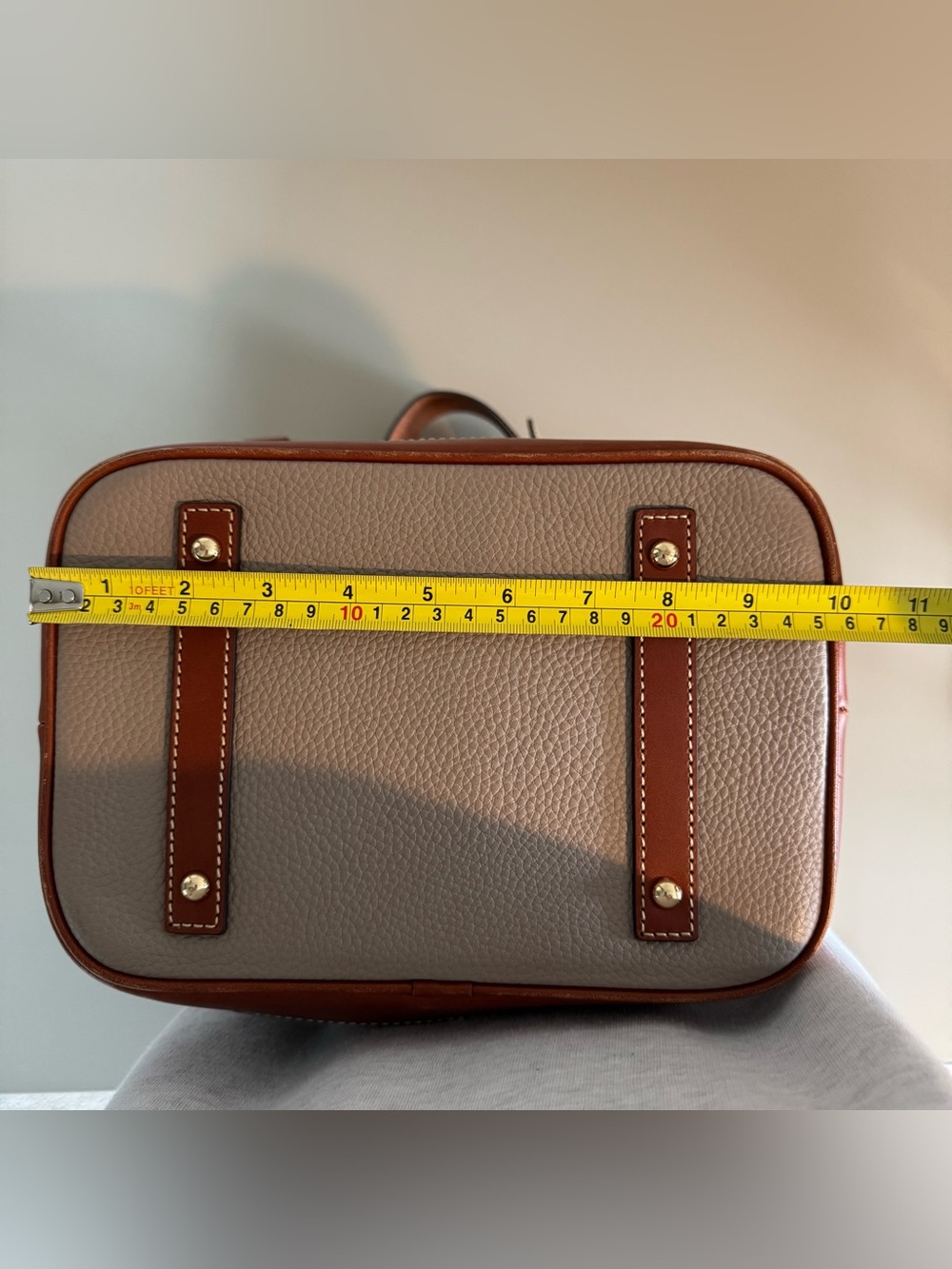 Dooney & Bourke Pebble Leather Drawstring Bucket Bag Taupe Brown - Picture 14 of 17